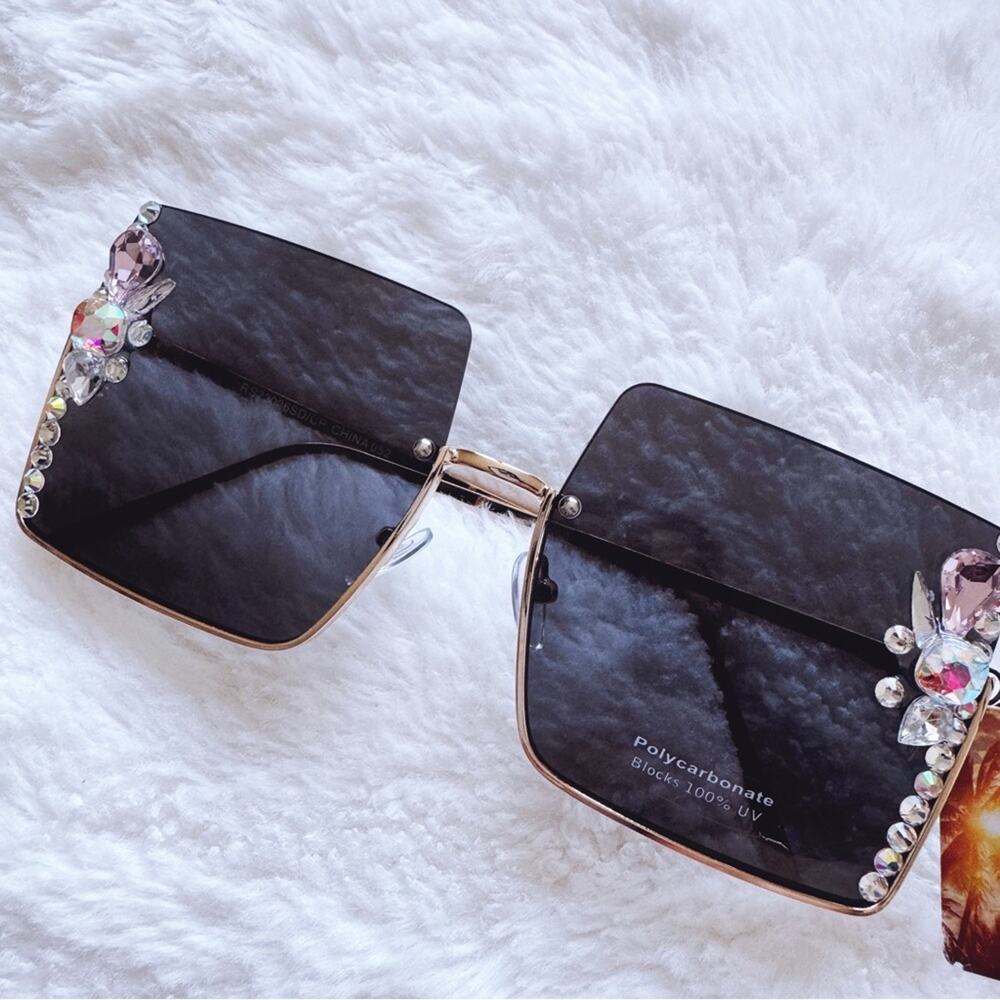 Nora Black w/ Gold Rims Square Sunglasses - Picture 2 of 13